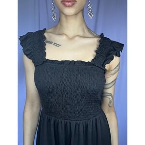 Black Smocked Mini Sundress Womens Size S Ruffled Detailing Grunge Edgy Summer